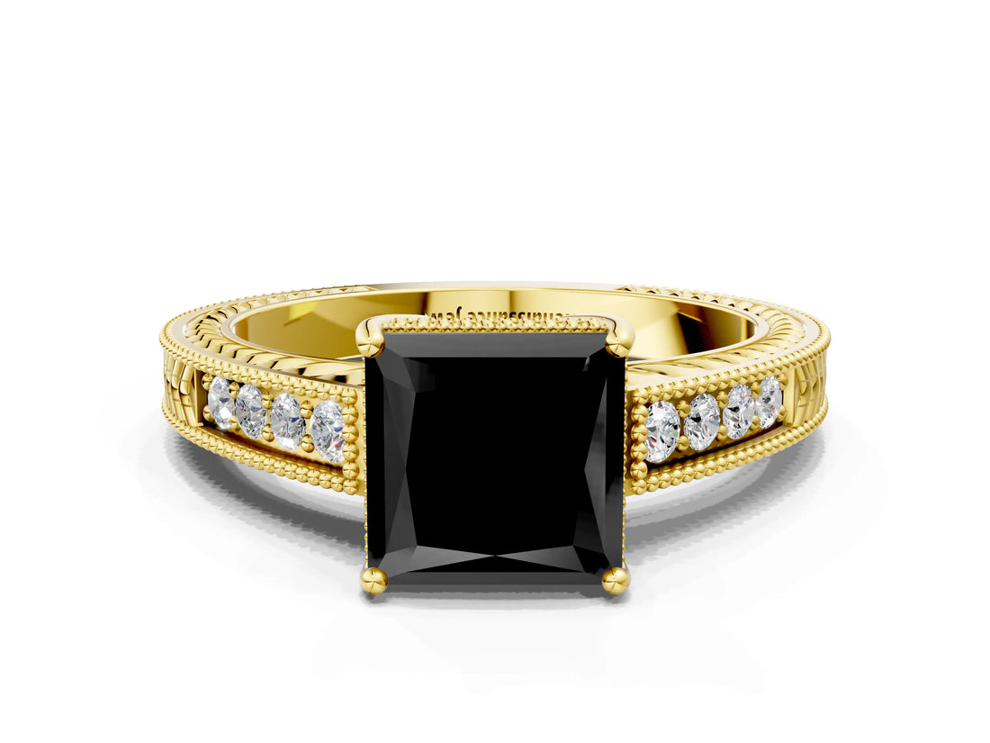 Yellow gold Fancy Black Princess Cut Cut Diamond Milgrain Pave Band Four-Prong Setting Ring_3