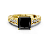 Yellow gold Fancy Black Princess Cut Cut Diamond Milgrain Pave Band Four-Prong Setting Ring_3
