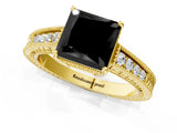 Yellow gold Fancy Black Princess Cut Cut Diamond Milgrain Pave Band Four-Prong Setting Ring_4