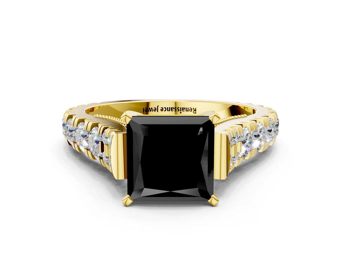 Yellow gold Fancy Black Princess Cut Cut Diamond Pavé Band Solitaire with Four-Prong Setting