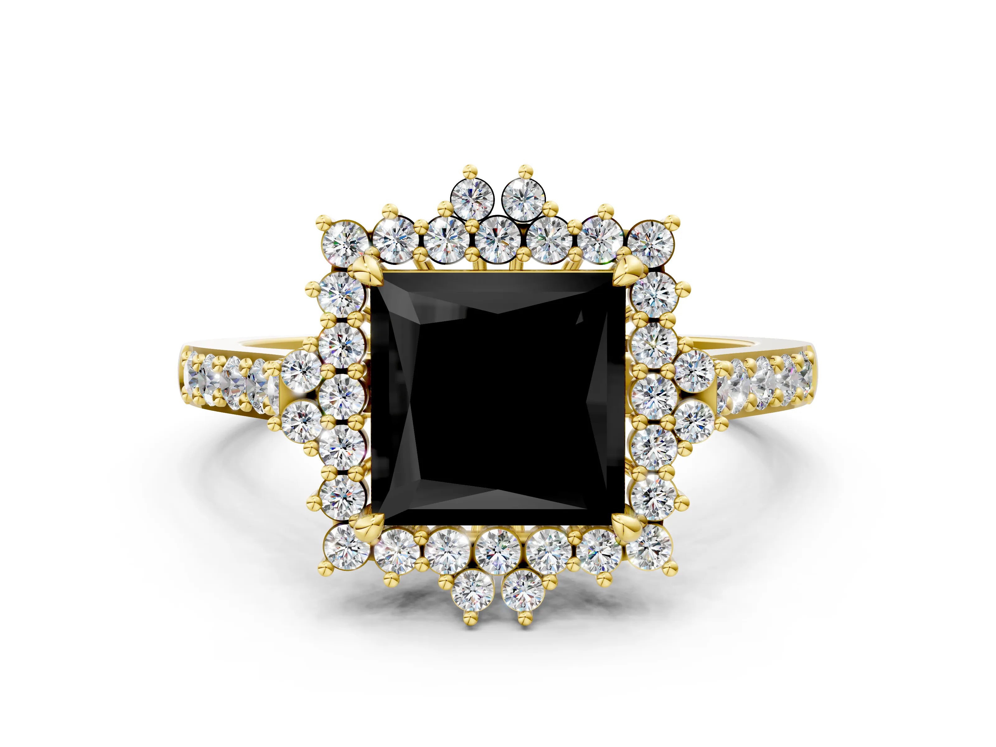 Yellow gold Fancy Black Princess Cut Cut Diamond Sunburst Halo Engagement Ring with Pavé Band