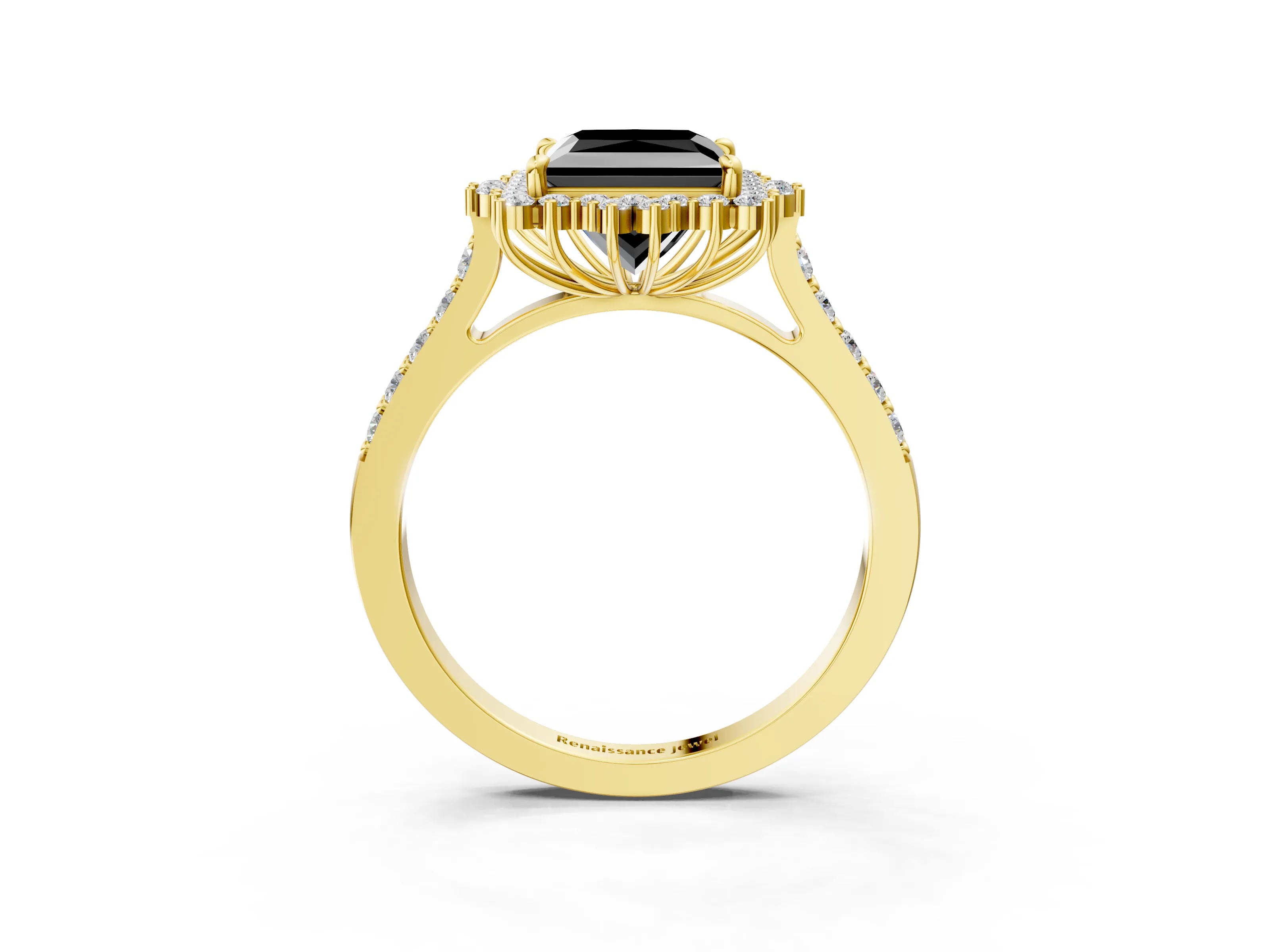 Yellow gold Fancy Black Princess Cut Cut Diamond Sunburst Halo Engagement Ring with Pavé Band_3