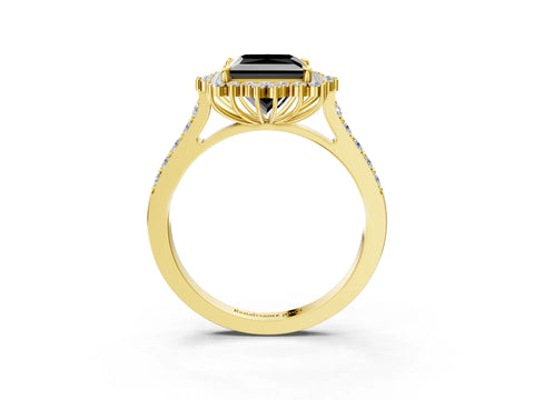 Yellow gold Fancy Black Princess Cut Cut Diamond Sunburst Halo Engagement Ring with Pavé Band_3