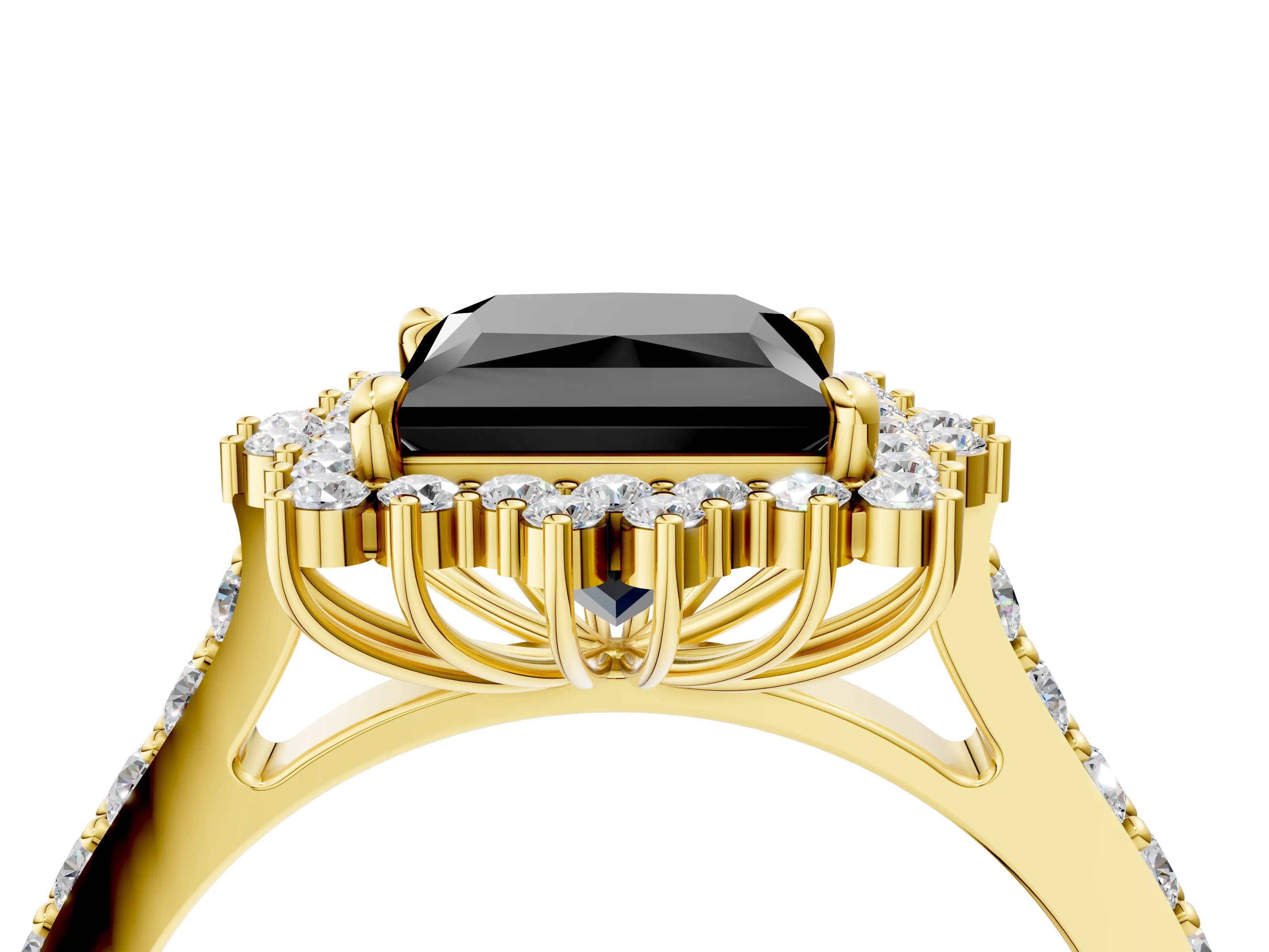 Yellow gold Fancy Black Princess Cut Cut Diamond Sunburst Halo Engagement Ring with Pavé Band_4