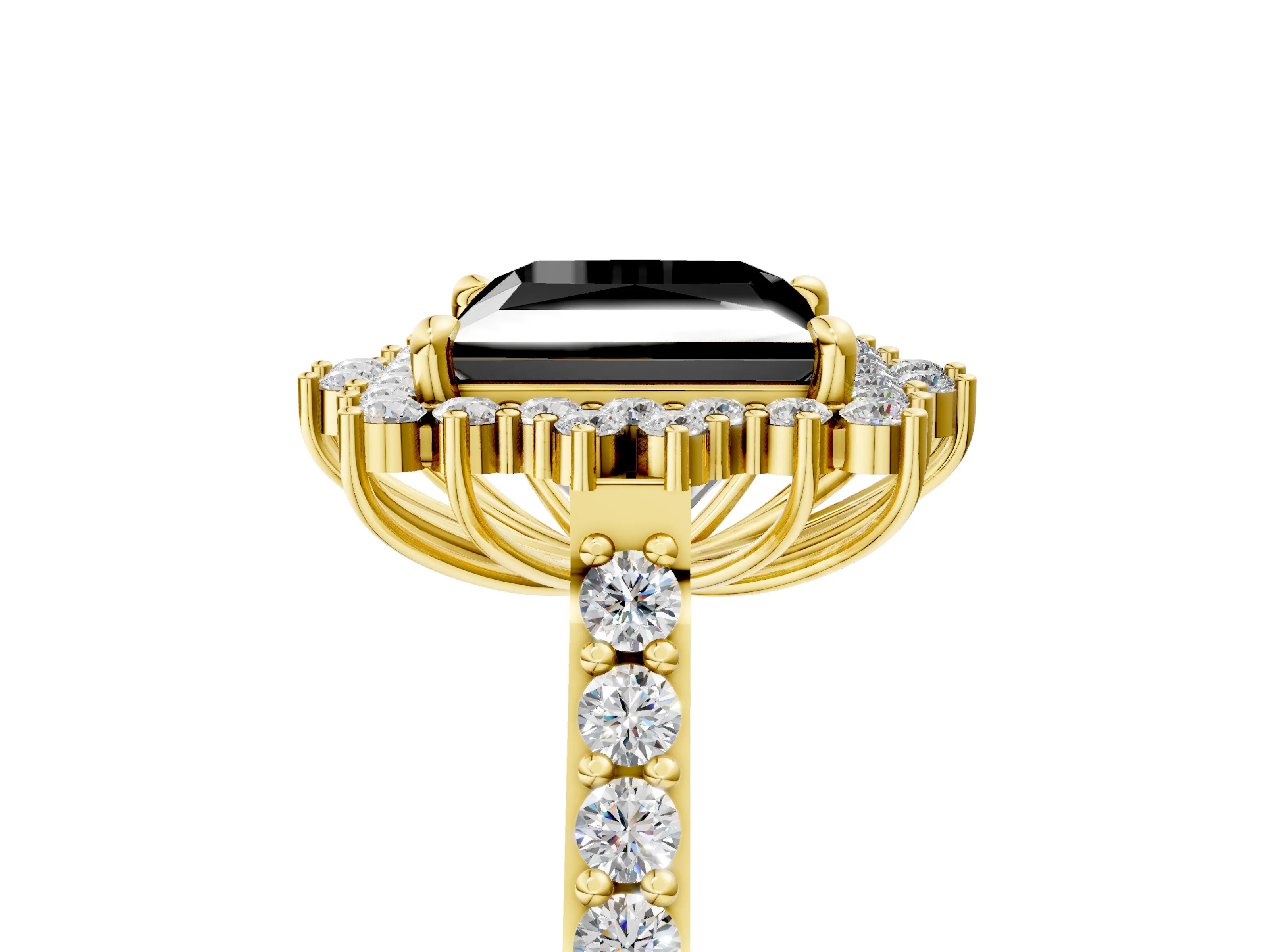 Yellow gold Fancy Black Princess Cut Cut Diamond Sunburst Halo Engagement Ring with Pavé Band_5