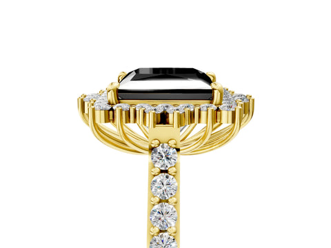 Yellow gold Fancy Black Princess Cut Cut Diamond Sunburst Halo Engagement Ring with Pavé Band_5