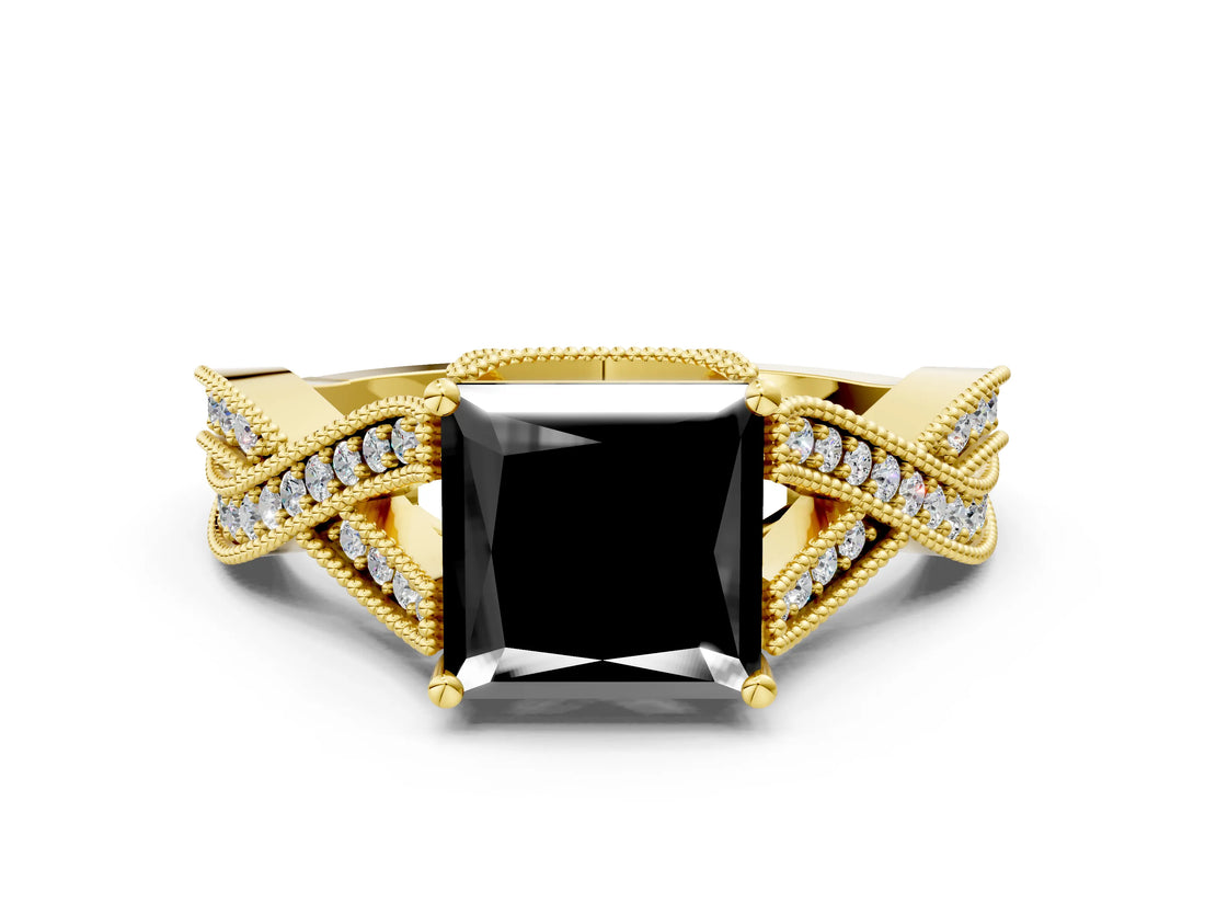 Yellow gold Fancy Black Princess Cut Cut Diamond Twisted Band with Milgrain Pave Setting and Four-Prong Setting