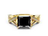 Yellow gold Fancy Black Princess Cut Cut Diamond Twisted Band with Milgrain Pave Setting and Four-Prong Setting