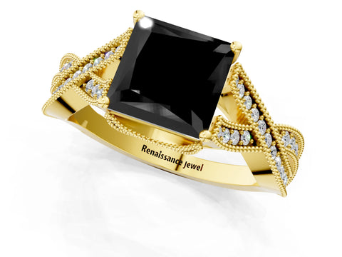 Yellow gold Fancy Black Princess Cut Cut Diamond Twisted Band with Milgrain Pave Setting and Four-Prong Setting_1