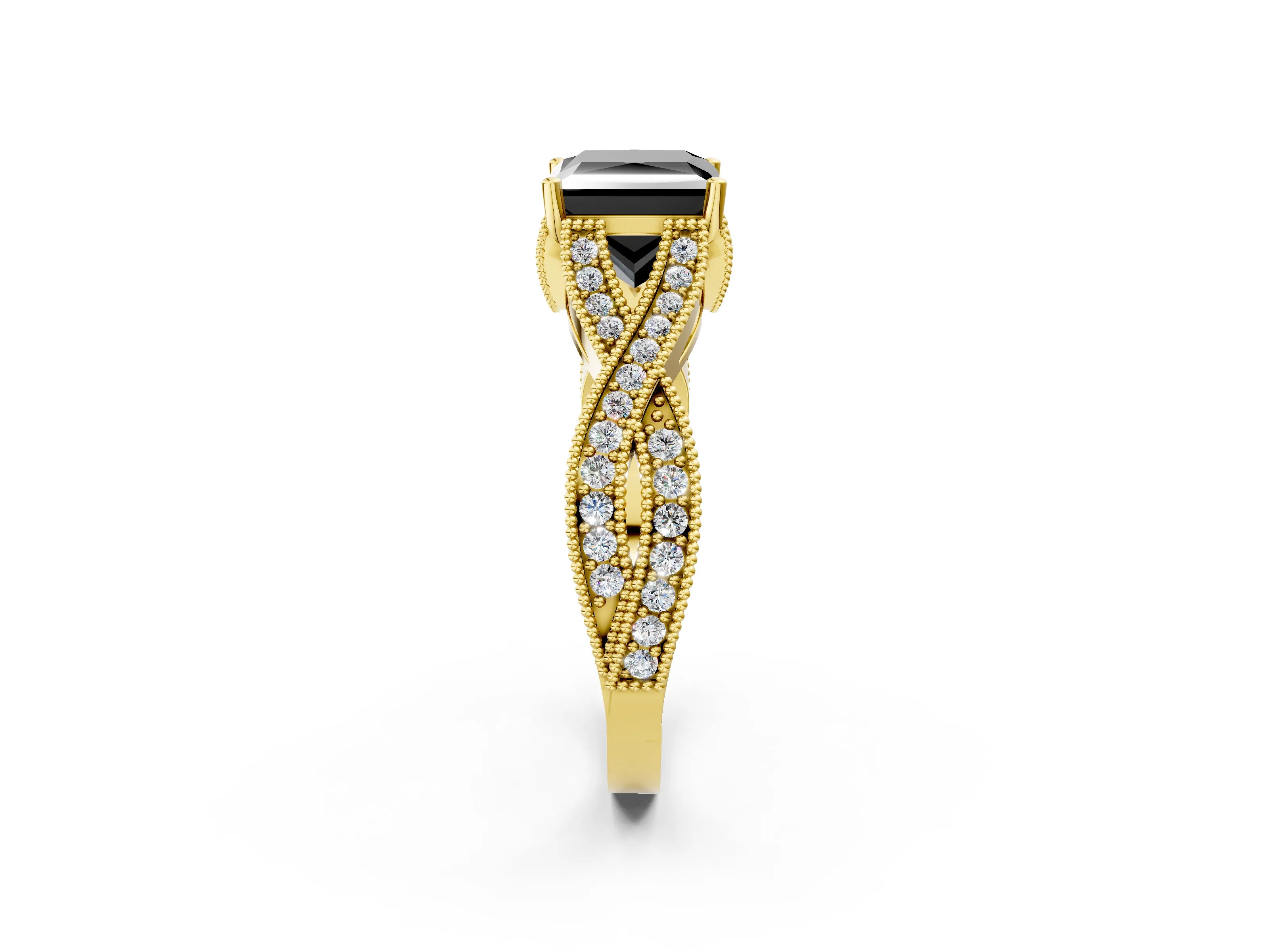 Yellow gold Fancy Black Princess Cut Cut Diamond Twisted Band with Milgrain Pave Setting and Four-Prong Setting_2