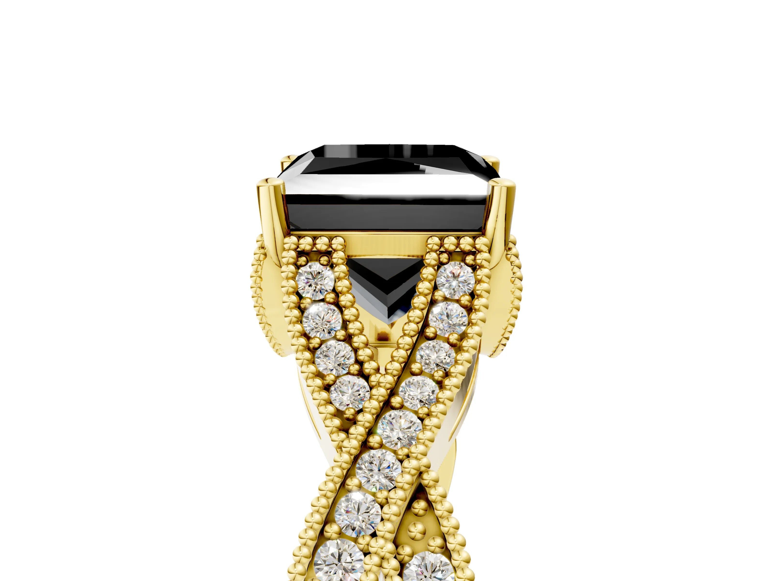 Yellow gold Fancy Black Princess Cut Cut Diamond Twisted Band with Milgrain Pave Setting and Four-Prong Setting_5