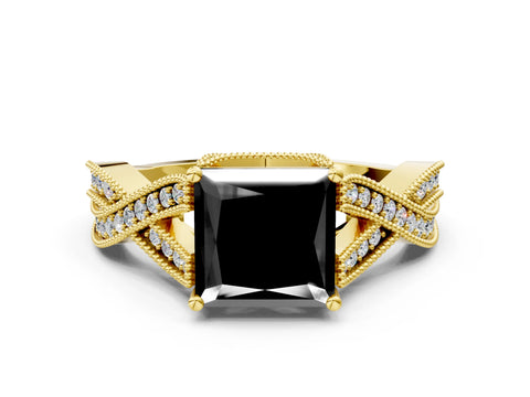 Yellow gold Fancy Black Princess Cut Cut Diamond Twisted Band with Milgrain Pave Setting and Four-Prong Setting