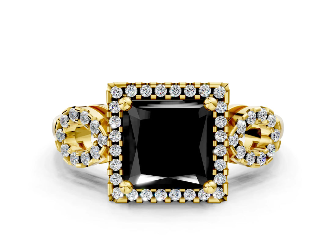 Yellow gold Fancy Black Princess Cut Cut Halo Diamond Infinity Band with Four-Prong Setting