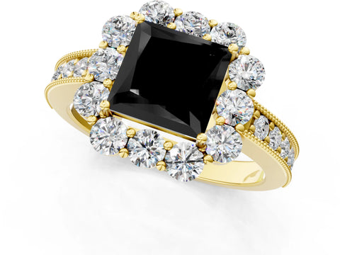 Yellow gold Fancy Black Princess Cut Cut Halo Diamond Pavé Engagement Ring with Milgrain Detailing_1