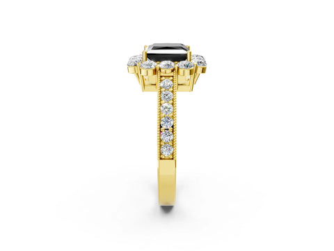 Yellow gold Fancy Black Princess Cut Cut Halo Diamond Pavé Engagement Ring with Milgrain Detailing_2