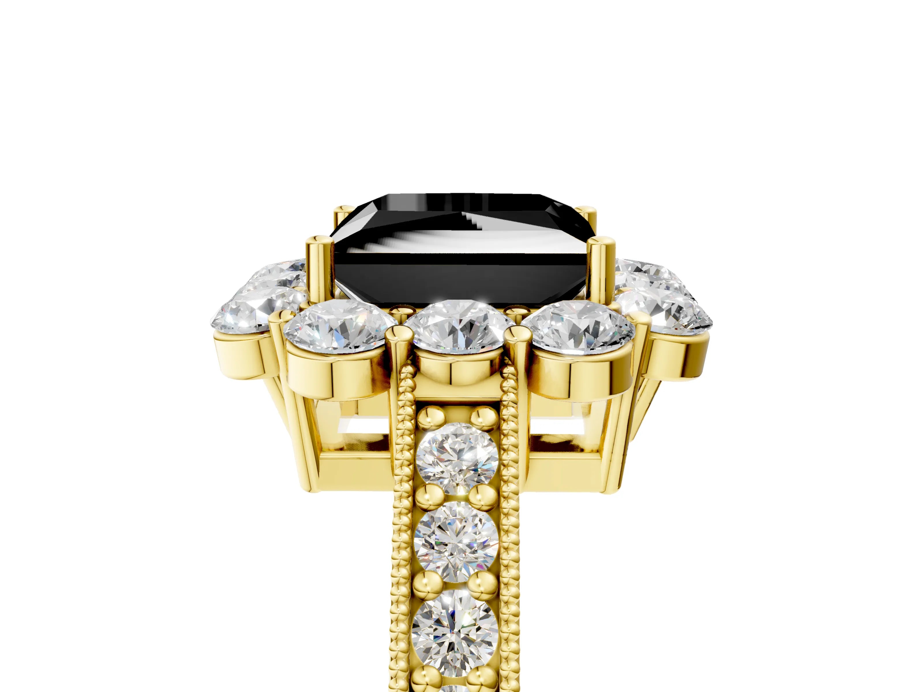 Yellow gold Fancy Black Princess Cut Cut Halo Diamond Pavé Engagement Ring with Milgrain Detailing_5