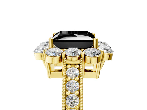 Yellow gold Fancy Black Princess Cut Cut Halo Diamond Pavé Engagement Ring with Milgrain Detailing_5