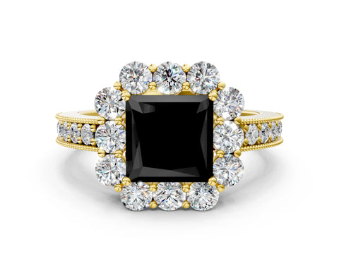 Yellow gold Fancy Black Princess Cut Cut Halo Diamond Pavé Engagement Ring with Milgrain Detailing