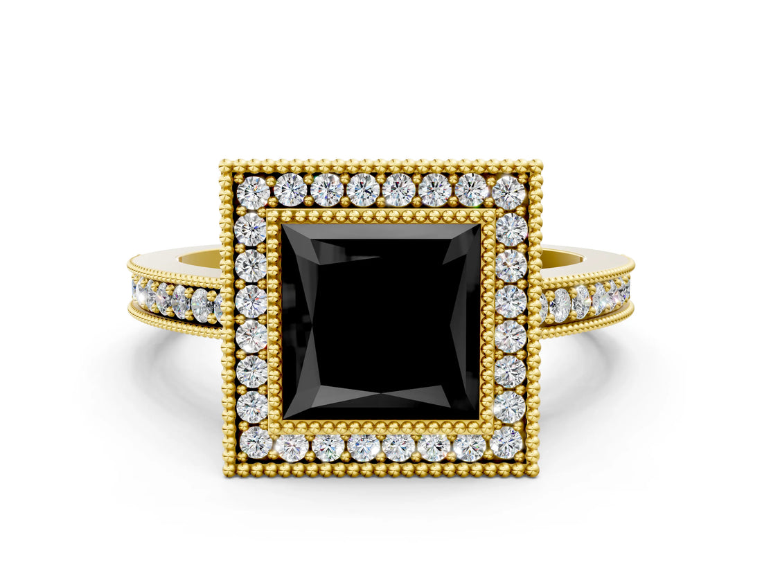 Yellow gold Fancy Black Princess Cut Cut Halo Pavé Diamond Ring