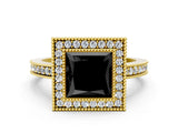 Yellow gold Fancy Black Princess Cut Cut Halo Pavé Diamond Ring