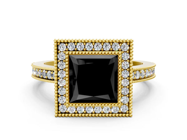 Yellow Gold Princess Cut Double Milgrain Halo Engagement Ring Setting for Black Center