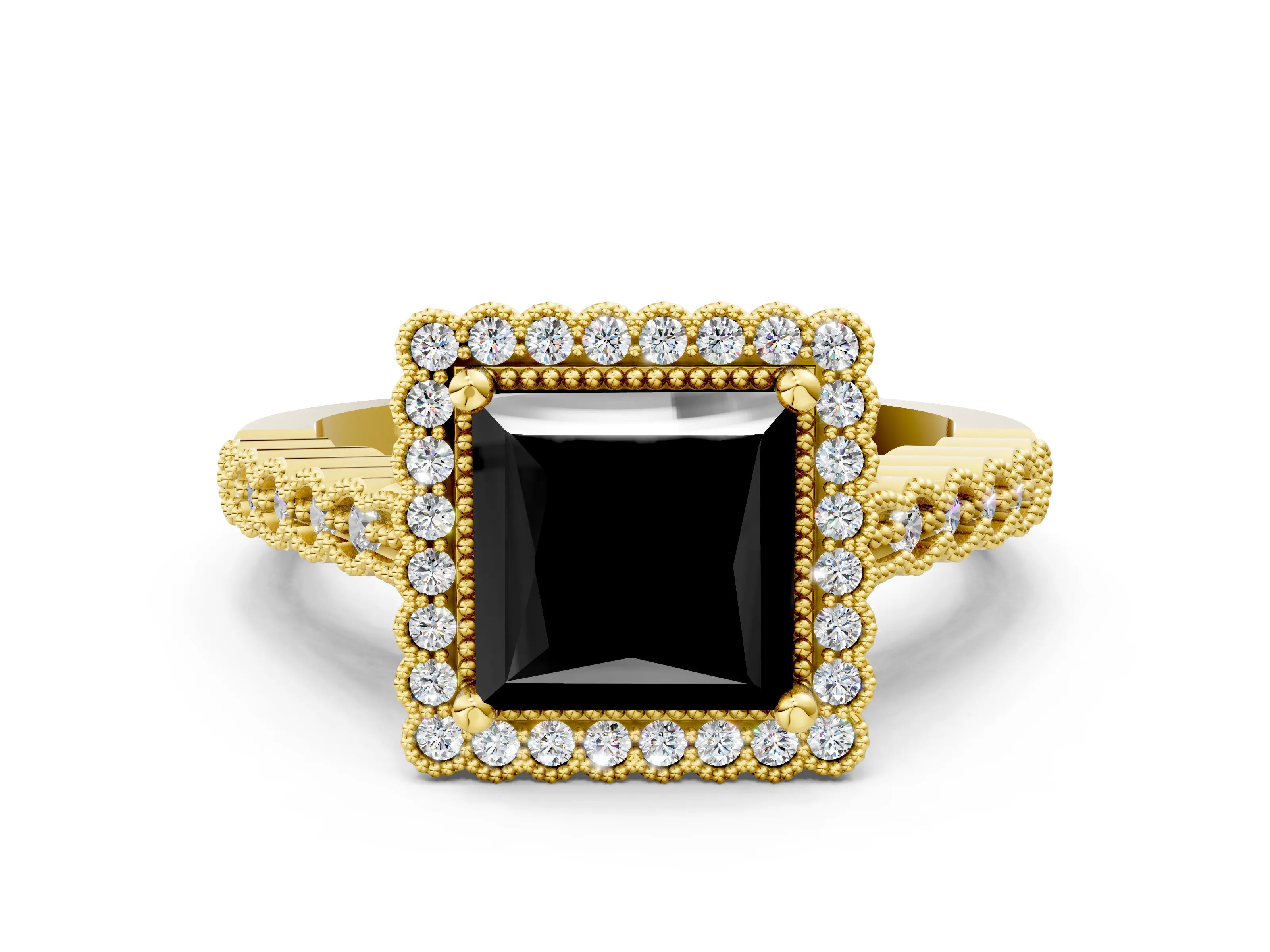 Yellow gold Fancy Black Princess Cut Cut Halo Pavé Solitaire Ring with Milgrain Band
