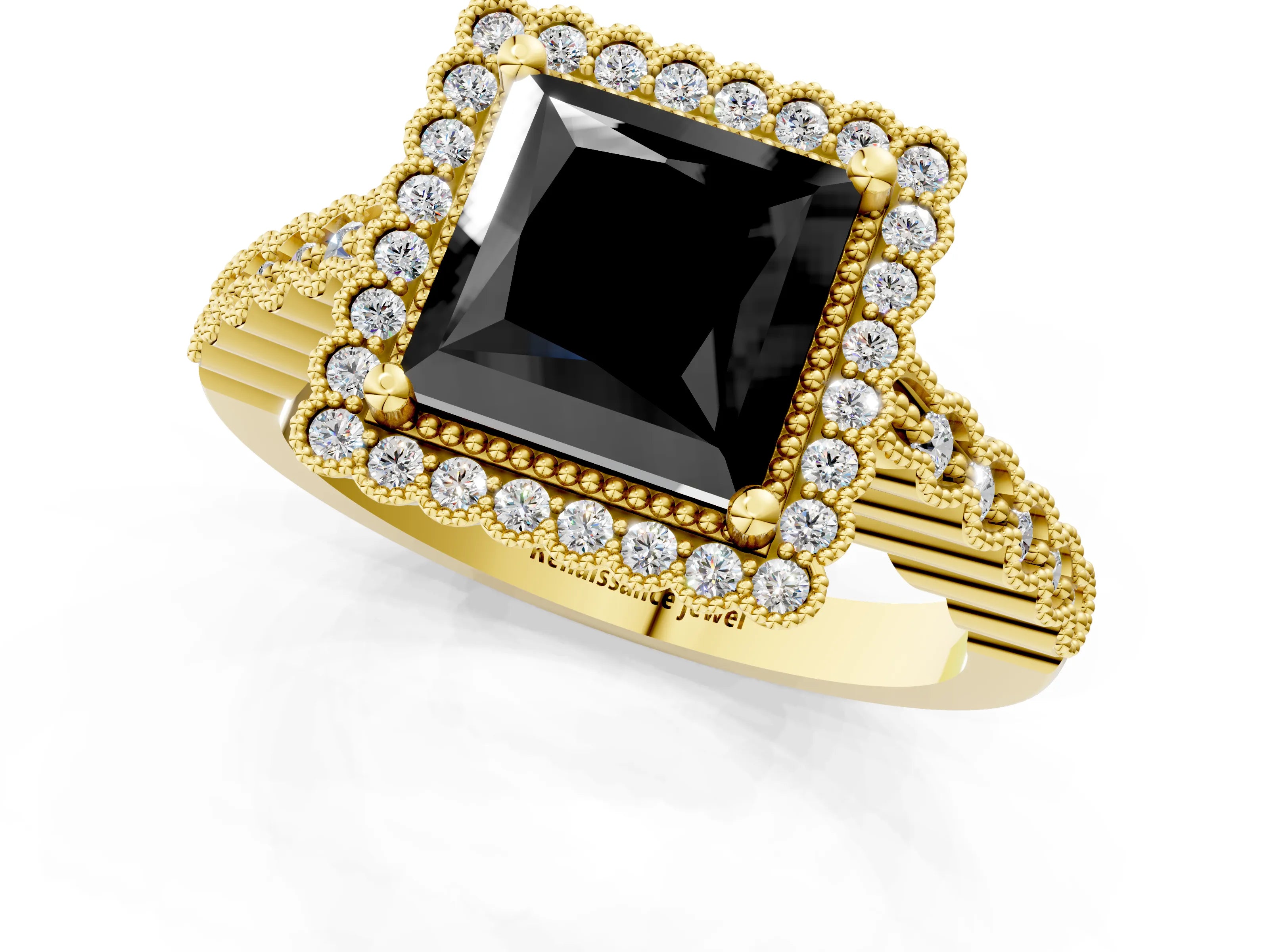 Yellow gold Fancy Black Princess Cut Cut Halo Pavé Solitaire Ring with Milgrain Band_1