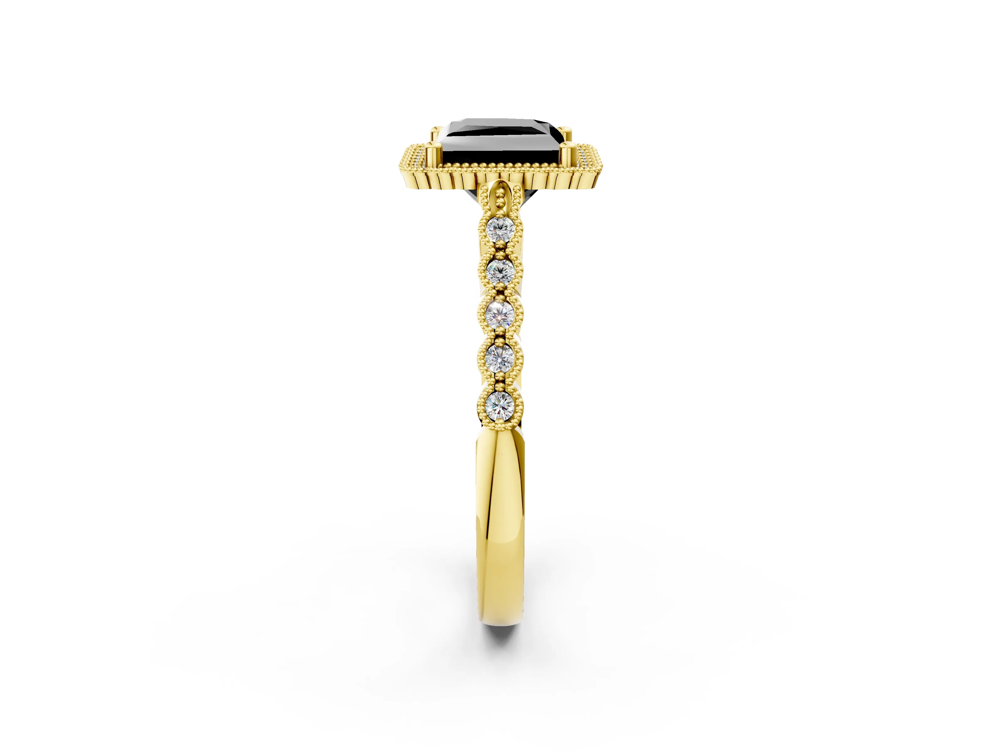 Yellow gold Fancy Black Princess Cut Cut Halo Pavé Solitaire Ring with Milgrain Band_2