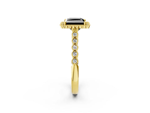 Yellow gold Fancy Black Princess Cut Cut Halo Pavé Solitaire Ring with Milgrain Band_2