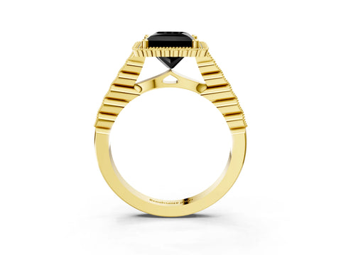 Yellow gold Fancy Black Princess Cut Cut Halo Pavé Solitaire Ring with Milgrain Band_3