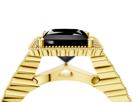 Yellow gold Fancy Black Princess Cut Cut Halo Pavé Solitaire Ring with Milgrain Band_4