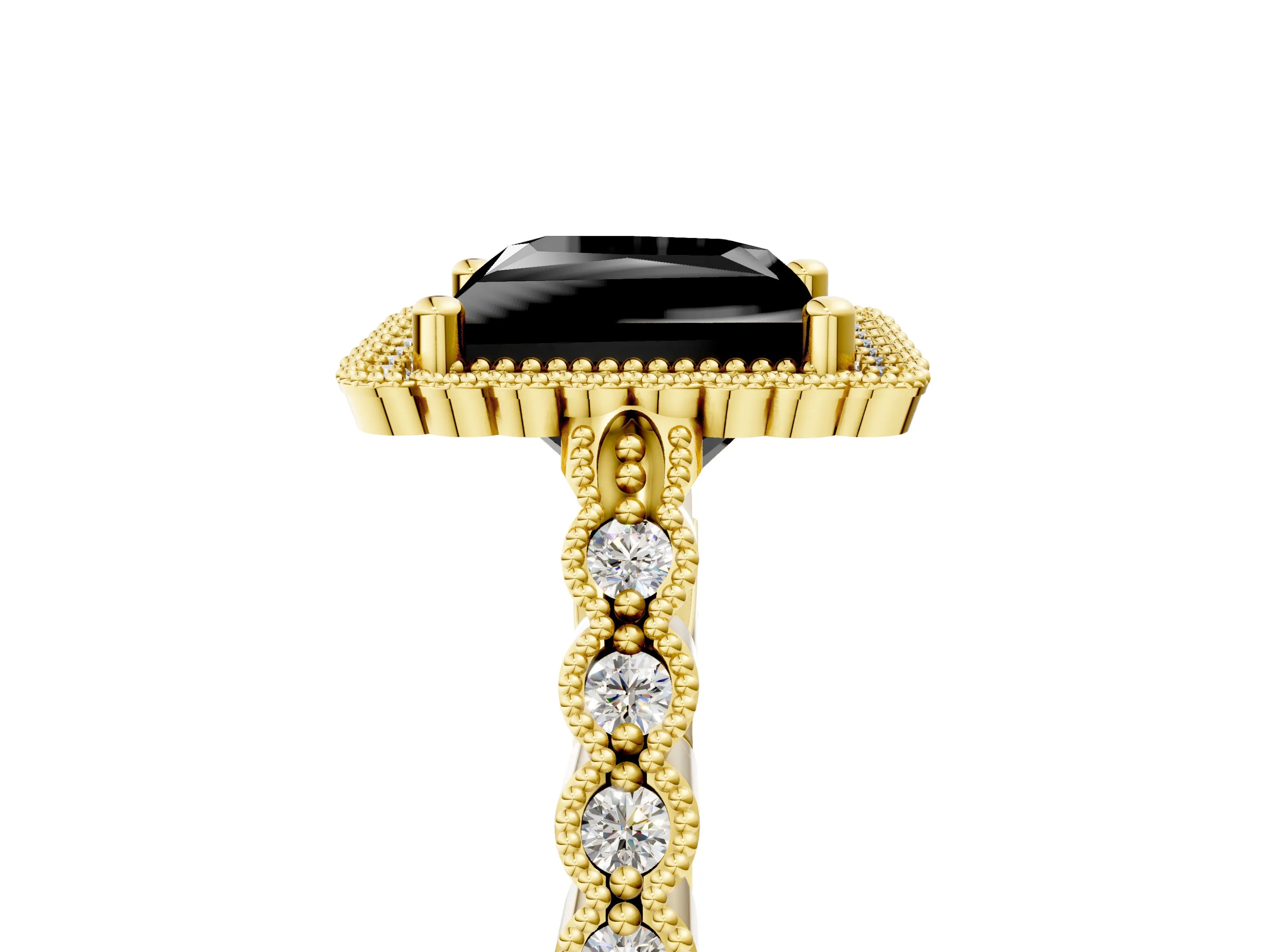 Yellow gold Fancy Black Princess Cut Cut Halo Pavé Solitaire Ring with Milgrain Band_5