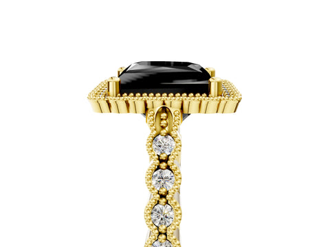 Yellow gold Fancy Black Princess Cut Cut Halo Pavé Solitaire Ring with Milgrain Band_5