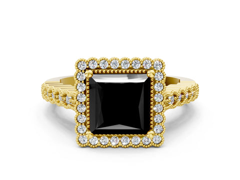 Yellow gold Fancy Black Princess Cut Cut Halo Pavé Solitaire Ring with Milgrain Band
