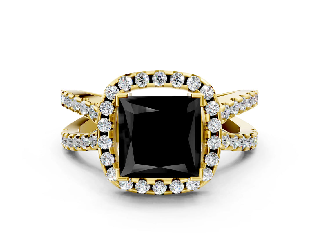 Yellow gold Fancy Black Princess Cut Cut Halo Split Shank Pave Set Ring