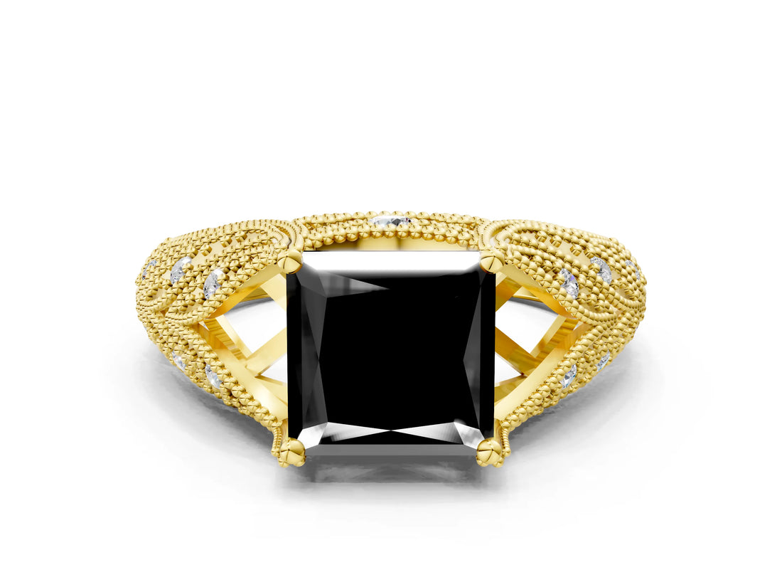 Yellow gold Fancy Black Princess Cut Cut Milgrain Pave Diamond Engagement Ring with Four-Prong Setting_15