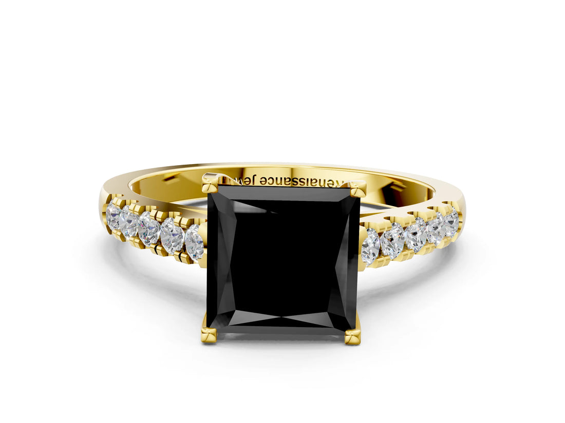 Yellow gold Fancy Black Princess Cut Cut Pavé Band Solitaire Ring with Four-Prong Setting_24