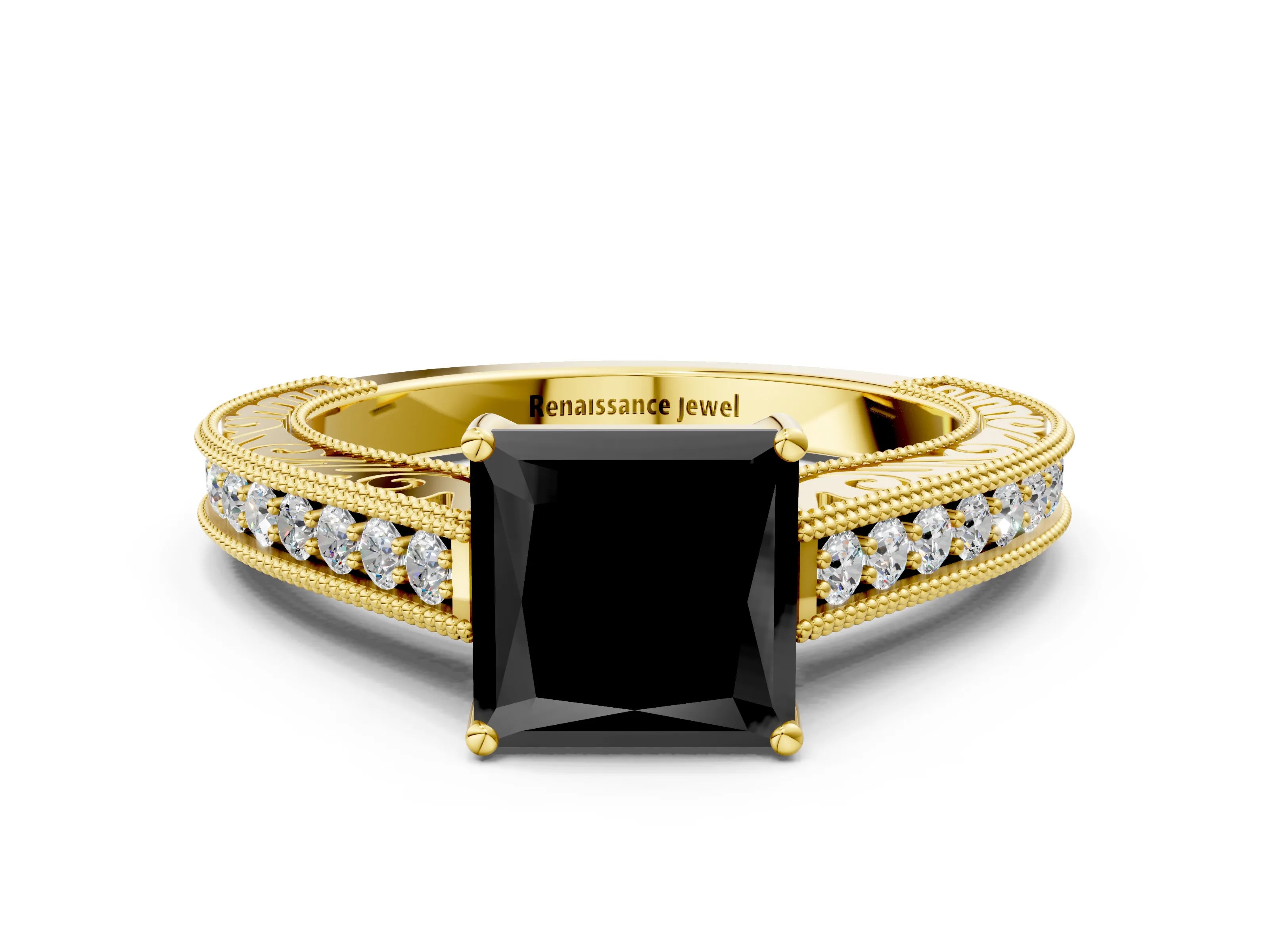 Yellow gold Fancy Black Princess Cut Cut Pave Band Milgrain Solitaire Ring