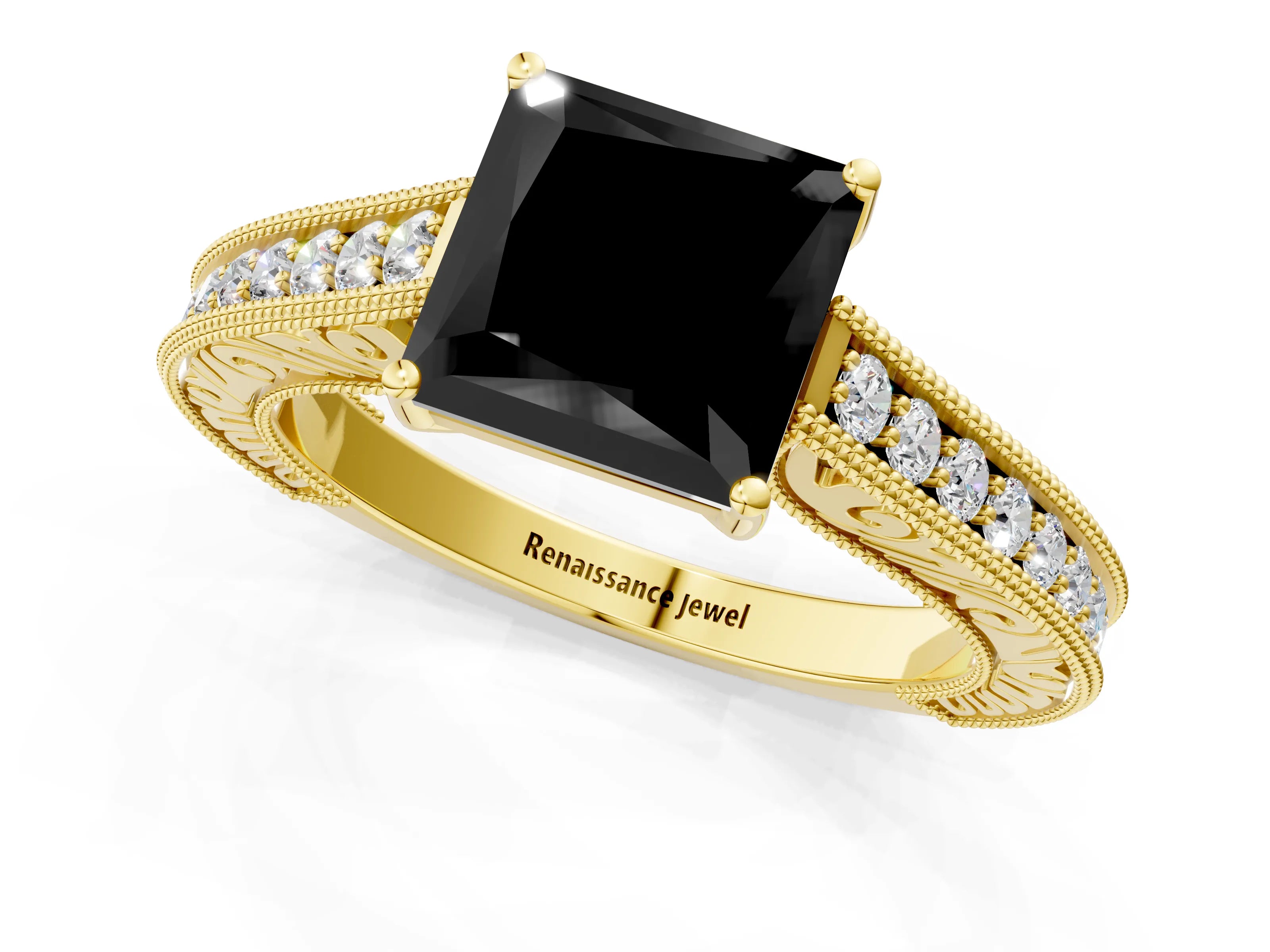 Yellow gold Fancy Black Princess Cut Cut Pave Band Milgrain Solitaire Ring_1