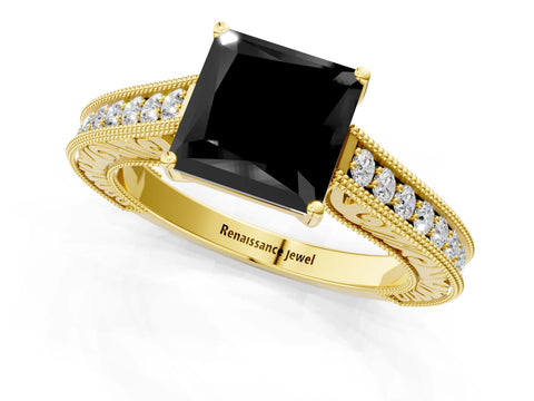 Yellow gold Fancy Black Princess Cut Cut Pave Band Milgrain Solitaire Ring_1