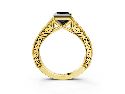 Yellow gold Fancy Black Princess Cut Cut Pave Band Milgrain Solitaire Ring_3