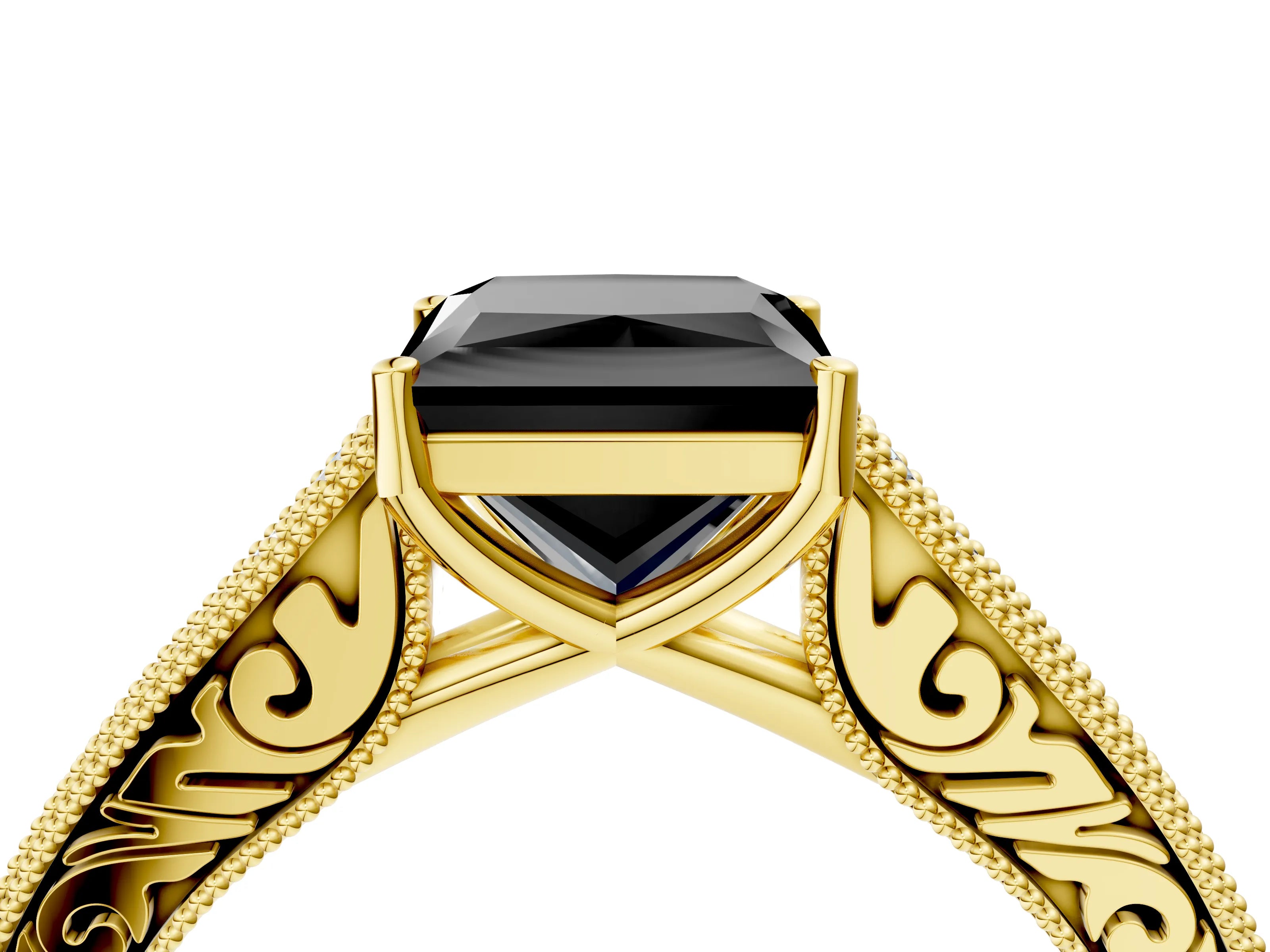 Yellow gold Fancy Black Princess Cut Cut Pave Band Milgrain Solitaire Ring_4