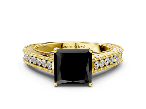 Yellow gold Fancy Black Princess Cut Cut Pave Band Milgrain Solitaire Ring