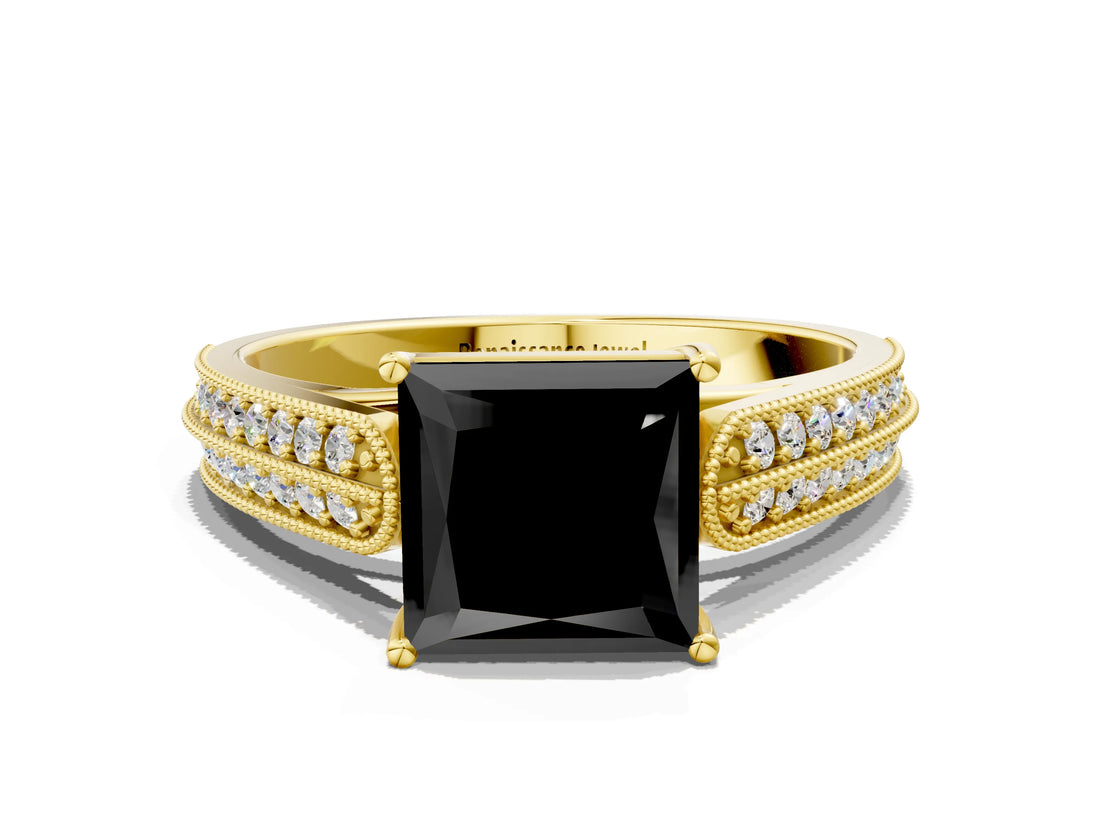 Yellow gold Fancy Black Princess Cut Cut Pave Split Shank Engagement Ring with Four-Prong Setting