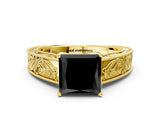 Yellow gold Fancy Black Princess Cut Cut Solitaire Engraved Band with Four-Prong Setting