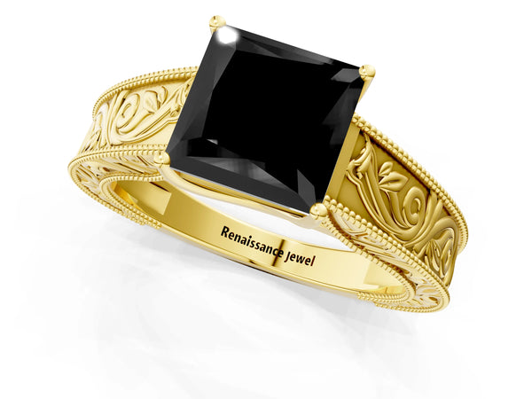 Yellow Gold Princess Cut Vintage Engraved Solitaire Engagement Ring Setting for Black Center