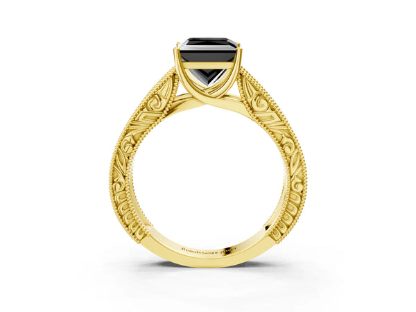 Yellow Gold Princess Cut Vintage Engraved Solitaire Engagement Ring Setting for Black Center