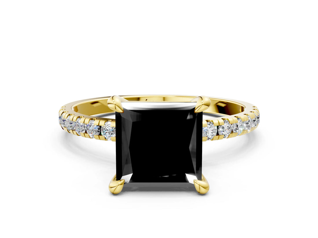 Yellow gold Fancy Black Princess Cut Diamond Brilliant Solitaire Ring with Pavé Band and Four-Prong Setting