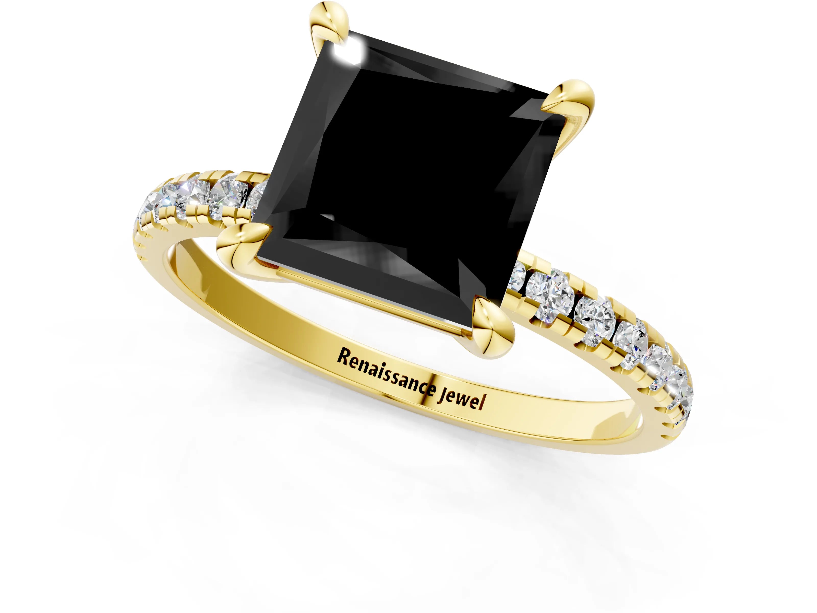 Yellow gold Fancy Black Princess Cut Diamond Brilliant Solitaire Ring with Pavé Band and Four-Prong Setting_1