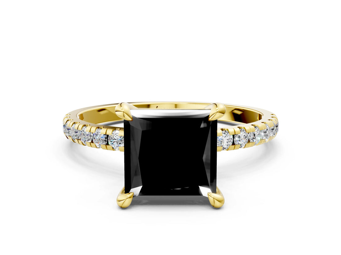 Yellow gold Fancy Black Princess Cut Diamond Brilliant Solitaire Ring with Pavé Band and Four-Prong Setting_12